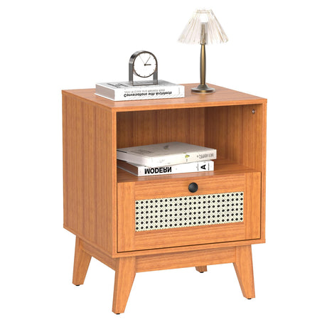 Rattan Nightstand with Drawer and Open Shelf, Boho Side Table and Mid Century Modern End Table with Solid Wood