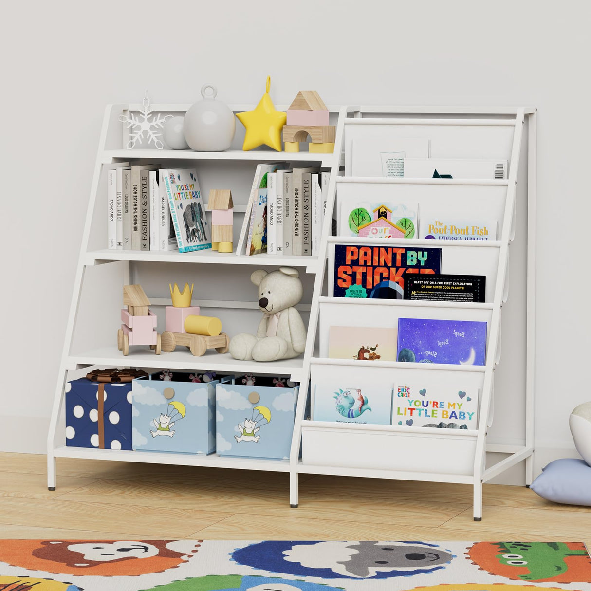 Metal Kid Bookshelf Toy Storage Organizer Montessori Baby Bookcase Small Toddler Book Rack Sling Children Display Shelf Boy Girl Living Bedroom Nursery Playroom Classroom Library (Pure White)