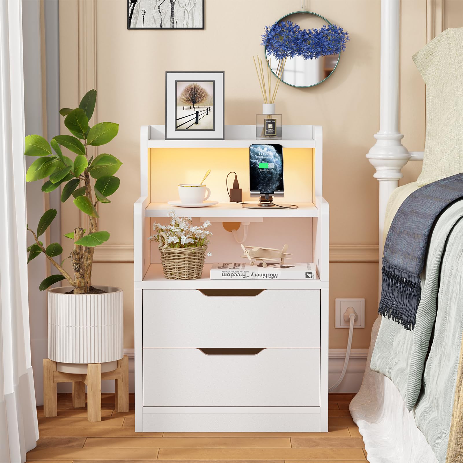 Nightstand with Charging Station,Tall Bedside Table