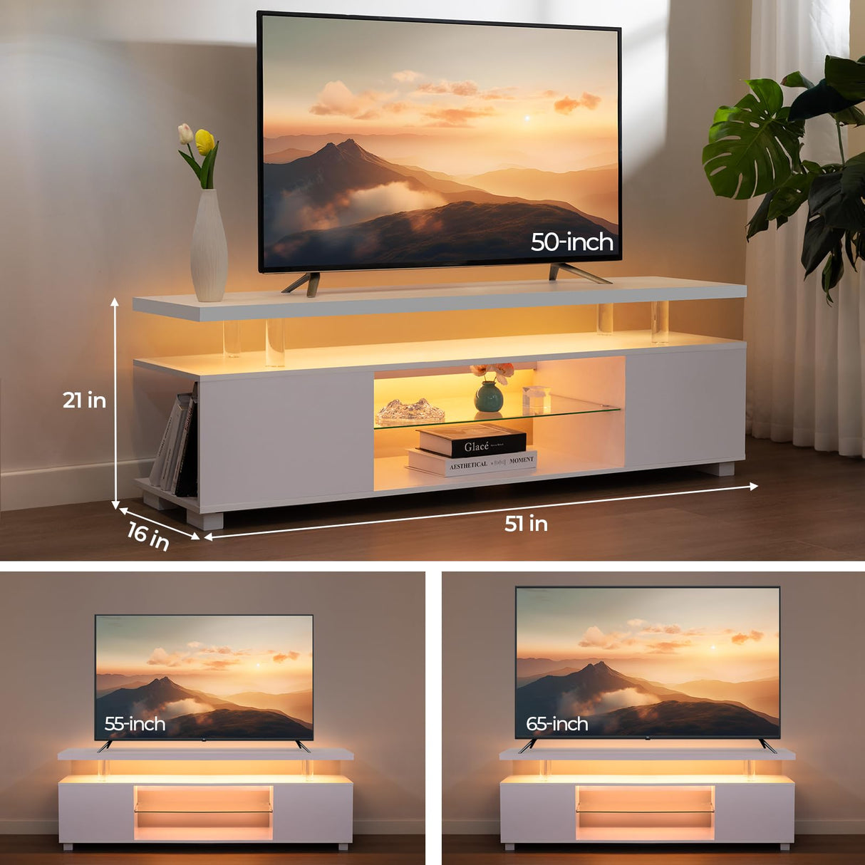 LED TV Stand White TV Stands for Living Room Modern TV Stand with Storage