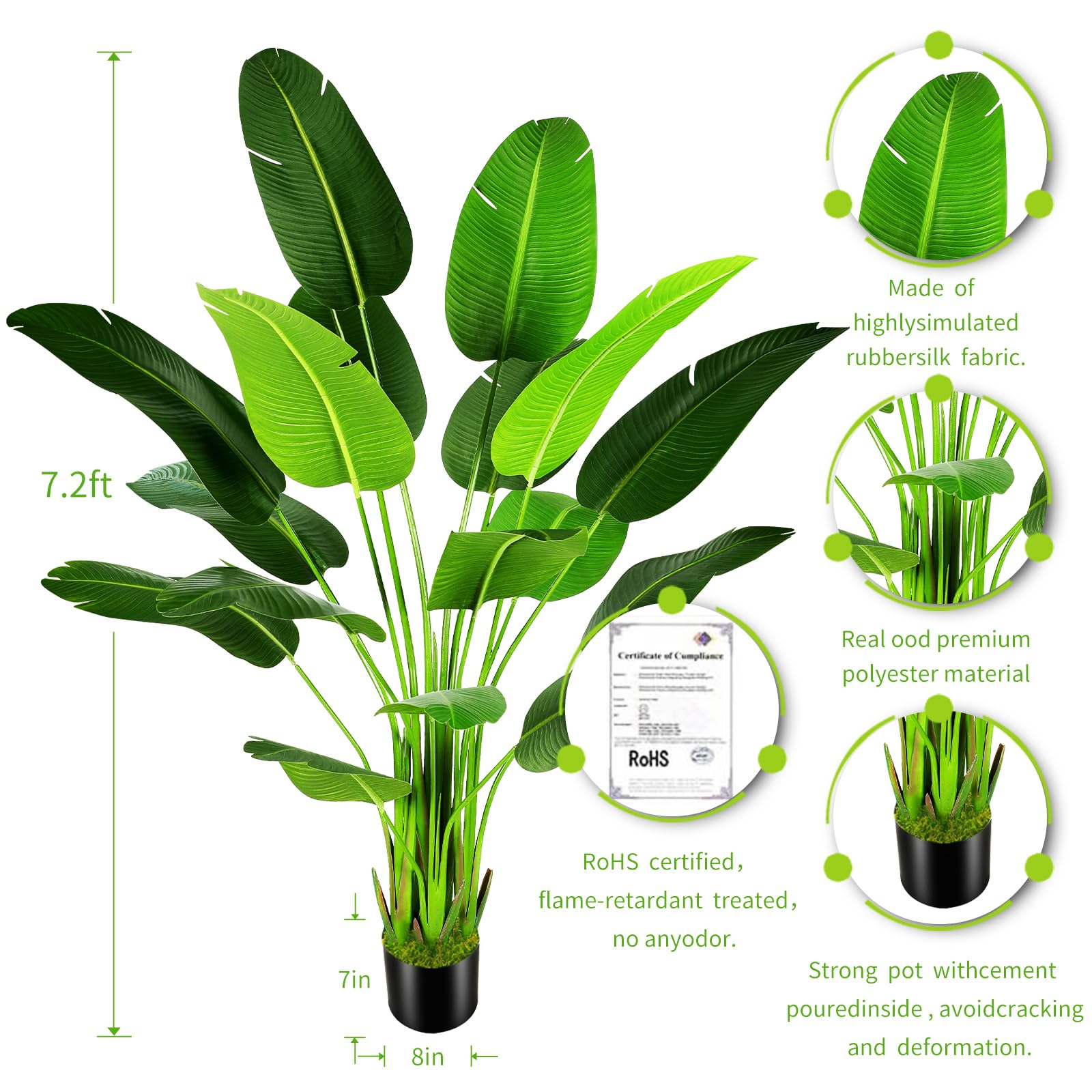 7.2ft Artificial Silk Bird of Paradise Palm Tree (85in) with 17 Trunks Faux Tree and Plastic Nursery Pot,