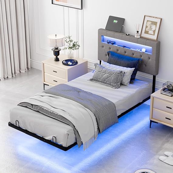 Queen Floating Bed Frame with Charging Station & RGB LED Lights