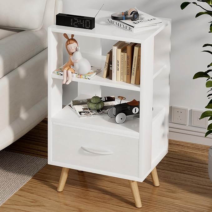 Night Stand, White Kids Nightstand with Drawer, Nursery Side Table with Open Storage