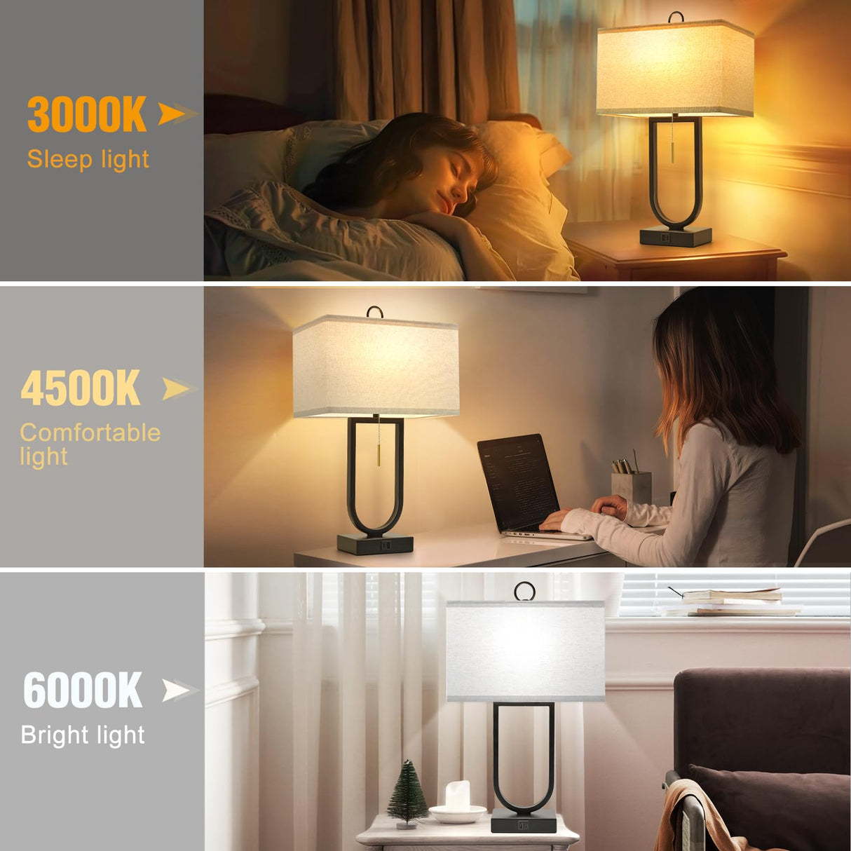 24" Table Lamps Set of 2 with USB Ports & Adjustable Color Temperature