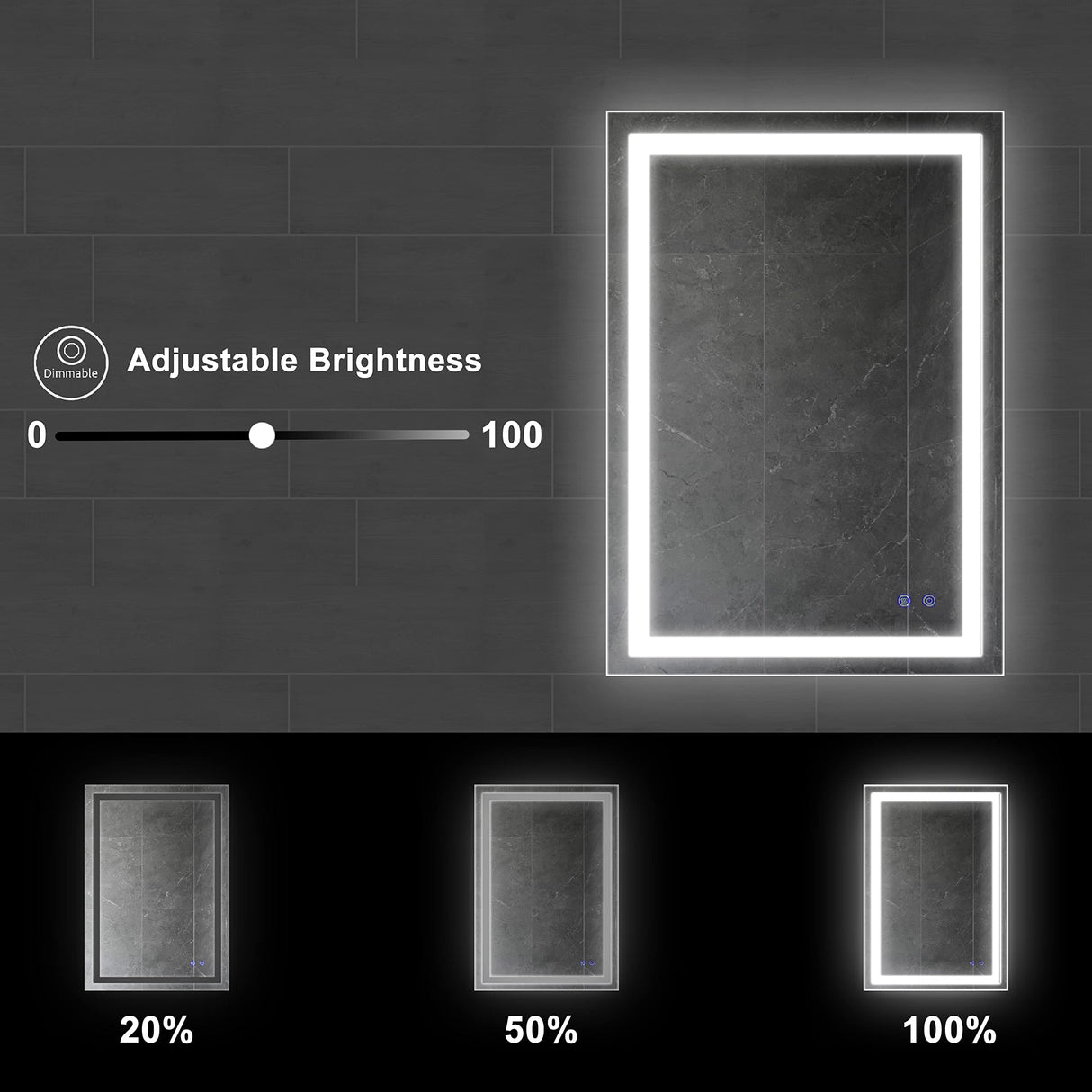 24 x 36 Inch Frameless LED Illuminated Bathroom Wall Mirror, Touch Button Defogger,