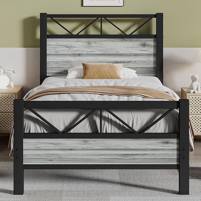 Industrial 51.2" Tall Headboard, King Platform Bed Frame with Heavy Duty Metal