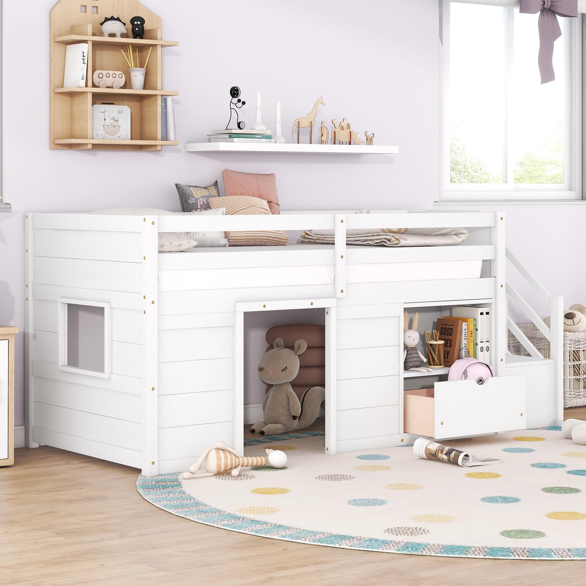 Twin Low Loft Bed with Stairs Storage, Drawer