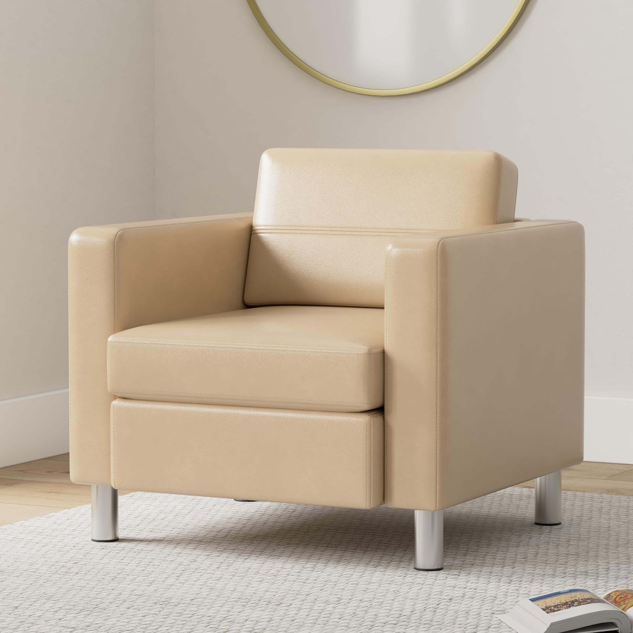 Armchair with Padded Box Spring Seats and Silver Finish Legs, Dillon Buff Faux Leather