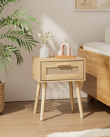 Bedroom Nightstands Wooden Night Stands with Rattan Weaving Drawer Home Bedside End Table for Bedroom Storage