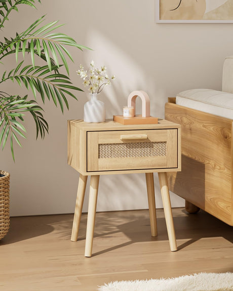 Bedroom Nightstands Wooden Night Stands with Rattan Weaving Drawer Home Bedside End Table for Bedroom Storage