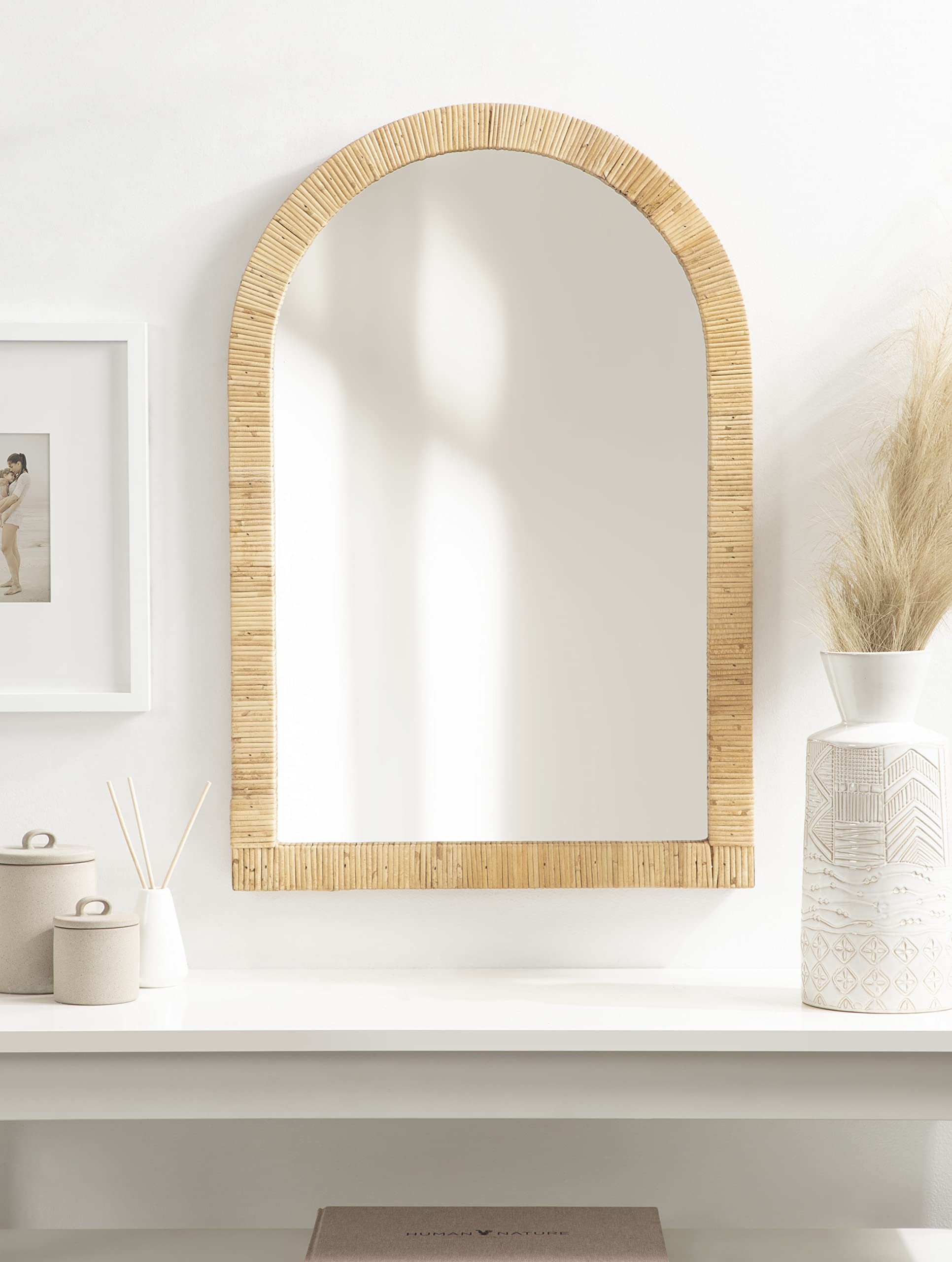 Rahfy Boho Arch Rattan Mirror, Natural Wood, Decorative Wooden Mirror