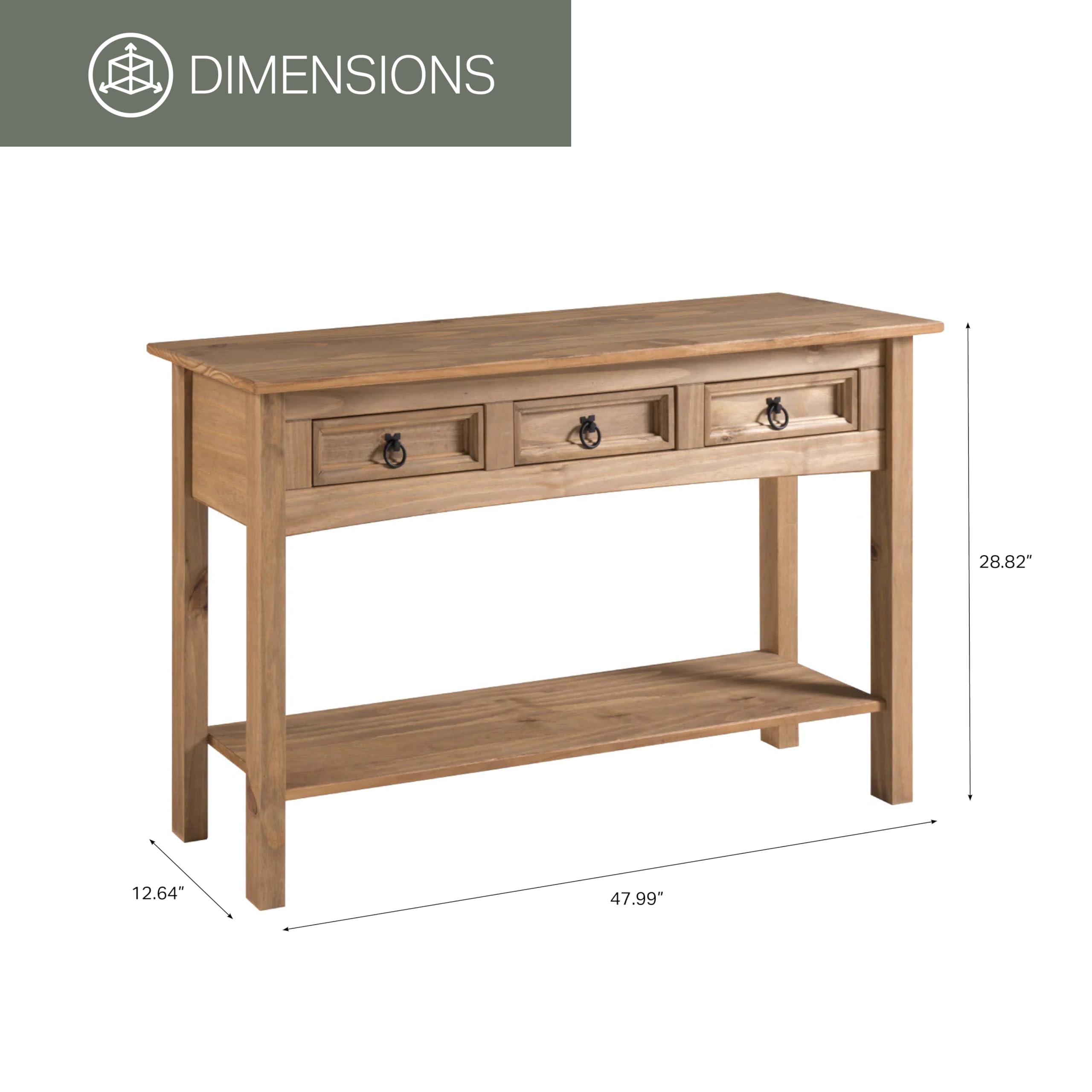 Solid Pine Hall Table Console with 3 Drawers - Corona Brown