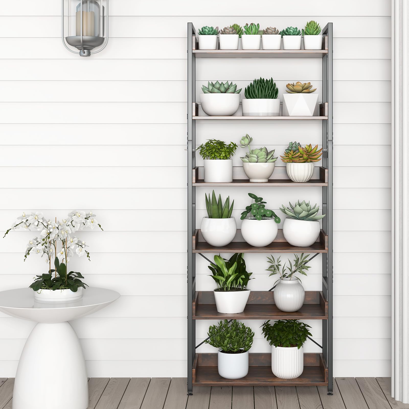 6-Tier Bookshelf, 70” Tall Industrial Bookcase w/Open Shelves & 4 Hooks, Storage Rack