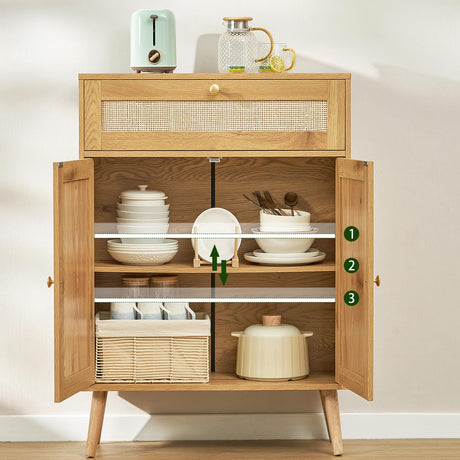 Storage Cabinet, Rattan Cabinet with Adjustable Shelf & Large Drawer, Accent Cabinet