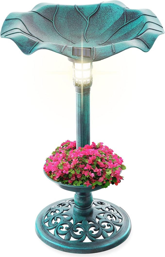 Outdoor Solar Lighted Pedestal Bird Bath Fountain Decoration w/Planter, Integrated Panel