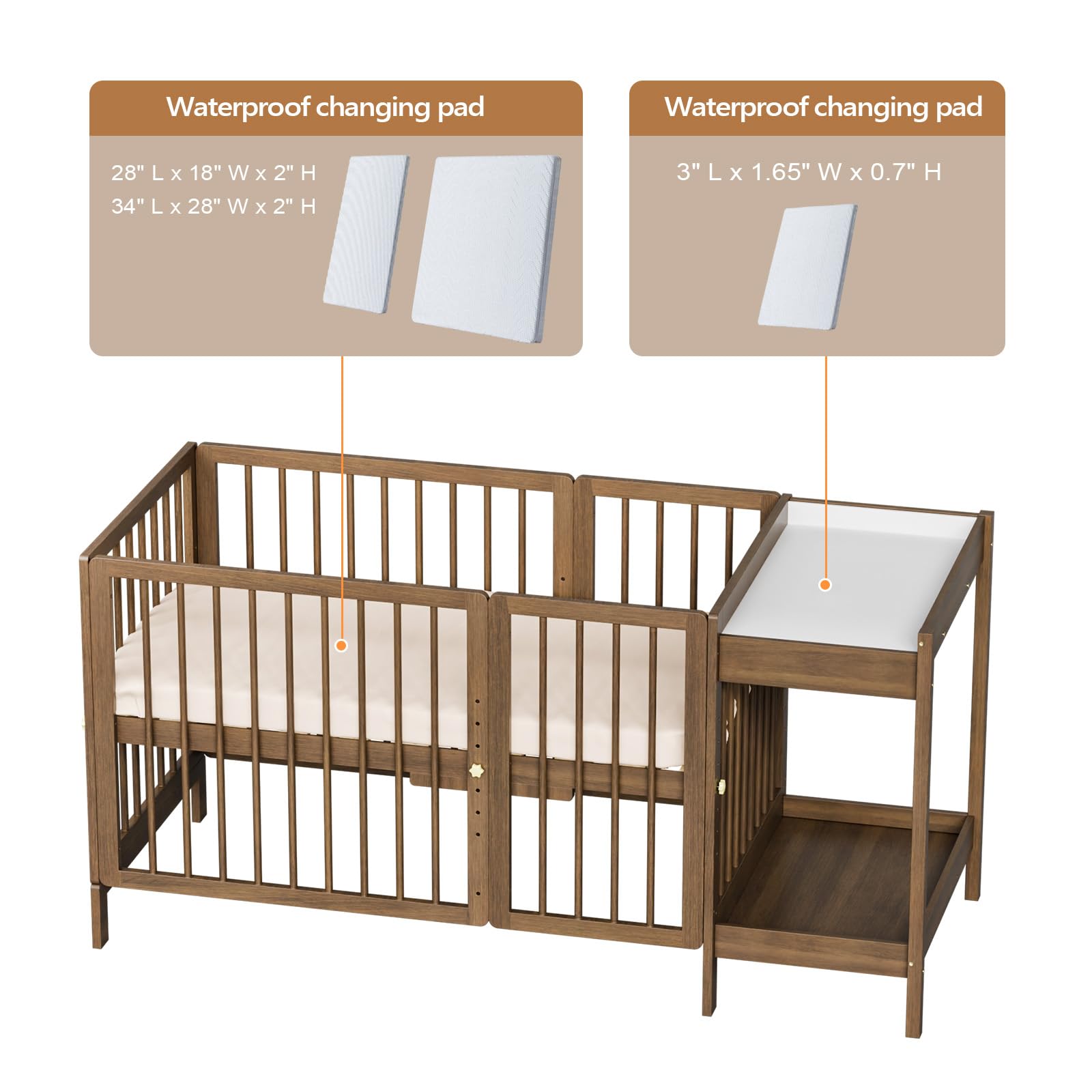 Crib with Changing Table and Pad, 8 in 1 Convertible Crib with Changer, Include 2” Mattress