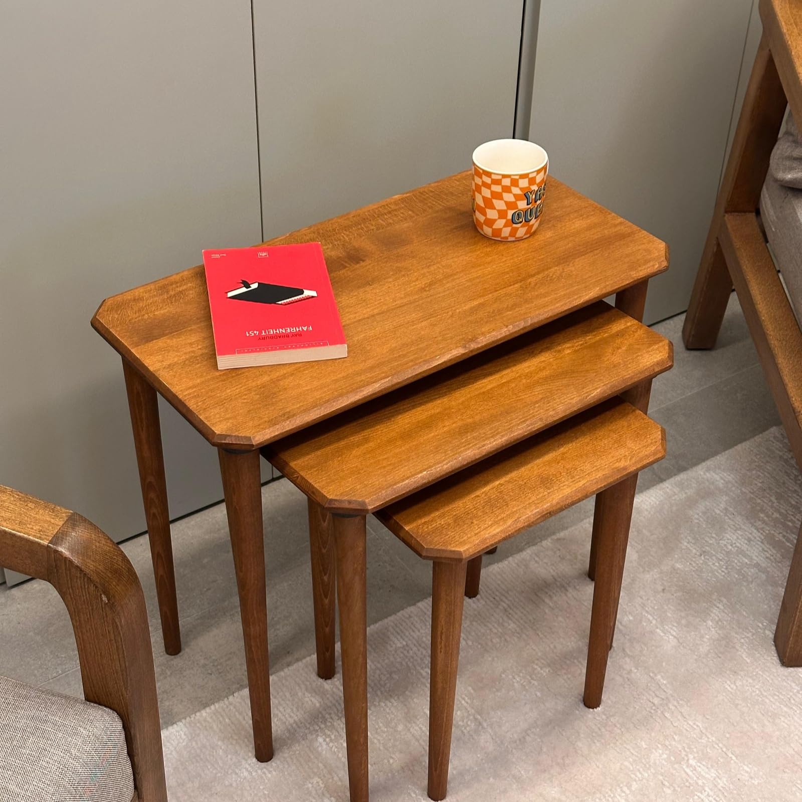 Solid Wood Nesting Tables Set of 3, Rectangular Mid-Century Modern Coffee Tables
