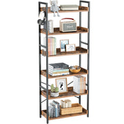 Bookshelf 6 Tier with 4 Hooks, Industrial Bookcase, Vintage Storage Rack with
