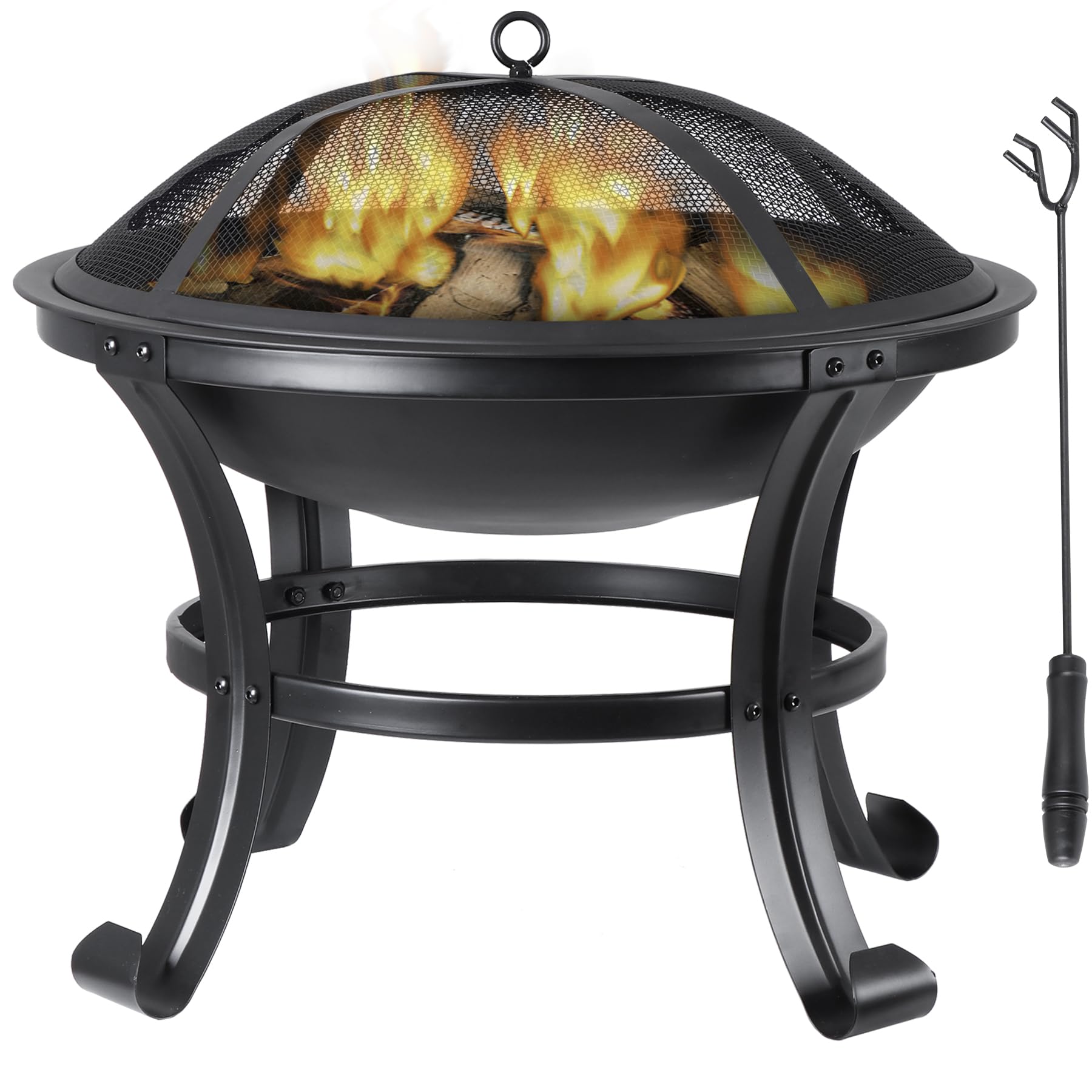 22Inches Fire Pit Outdoor Steel Wood Burning BBQ Grill Firepit Bowl Fireplace with Mesh Screen & Fire Poker, Log Grate - Bircata