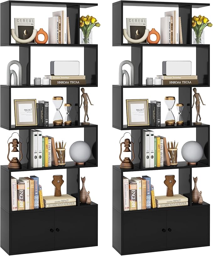 S Shaped Bookshelf with Cabinet, 6-Tier Bookcase with Doors, Freestanding Geometric Bookshelves for Living Room, Anti-toppling Device, Home Office Wood Storage Display Shelf (1, White)