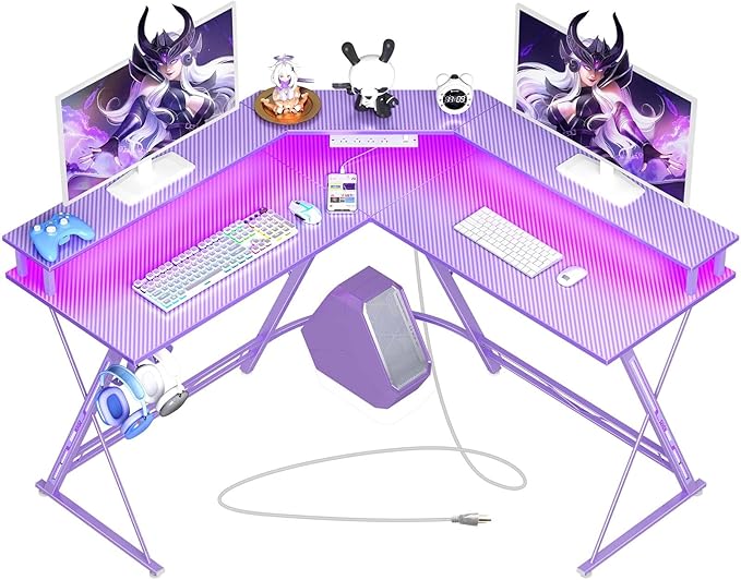 L Shaped Gaming Desk with LED Lights & Power Outlets, 50.4” Computer Desk
