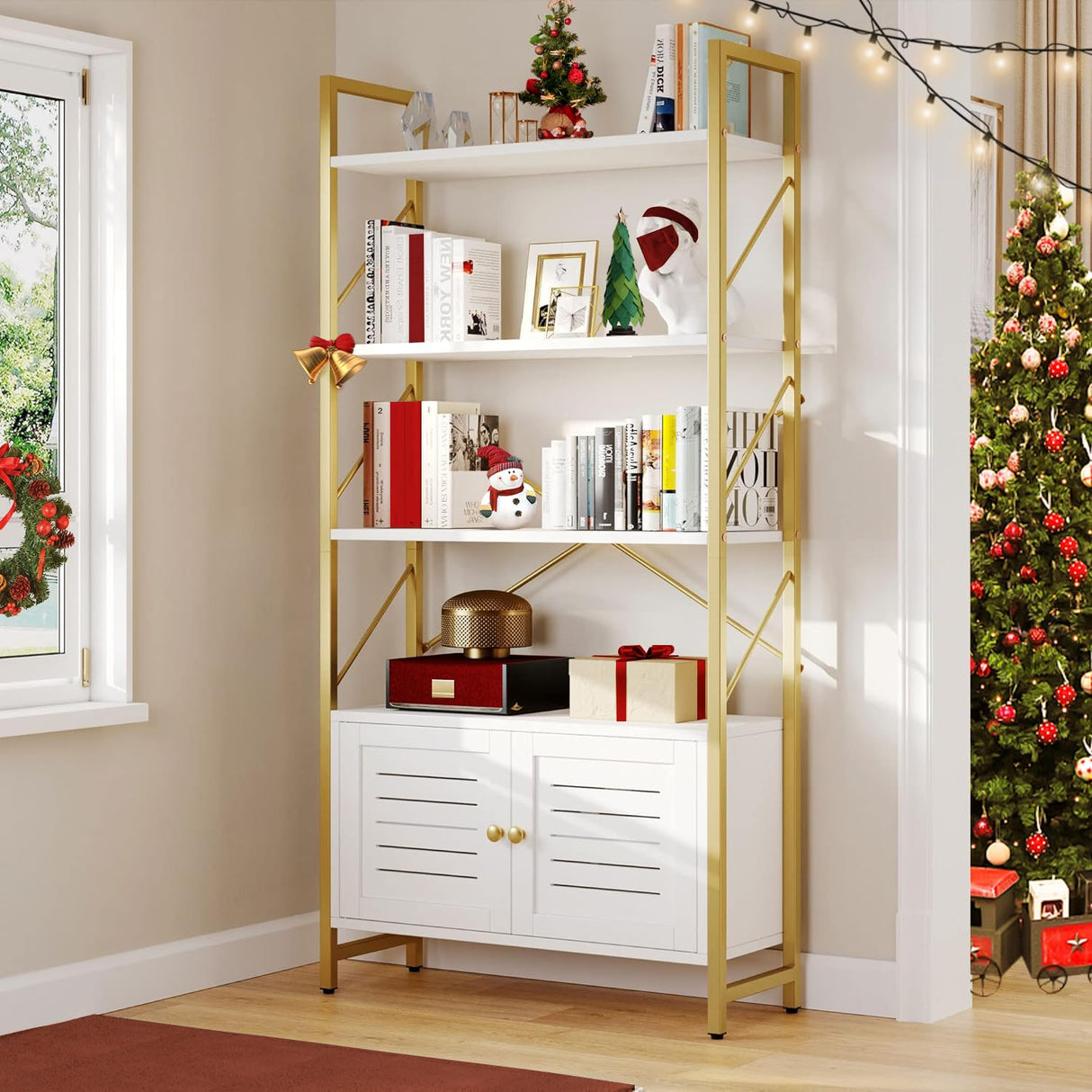 Bookshelf and Bookcase with Storage Cabinet, Standing 5 Tiers Book Shelves Display Rack with Doors for Bedroom Living Room Office,White&Gold