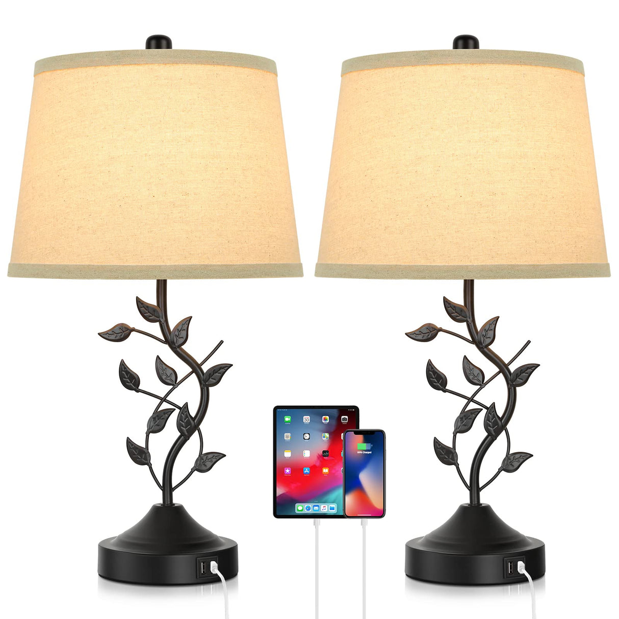 3-Way Dimmable Touch Table Lamps for Living Room Set of 2 Traditional Lamps for Bedroom with 2 USB Charging Ports Bedside Nightstand Lamps for Reading Retro Vine Lamps End Table Office, Bulbs Included