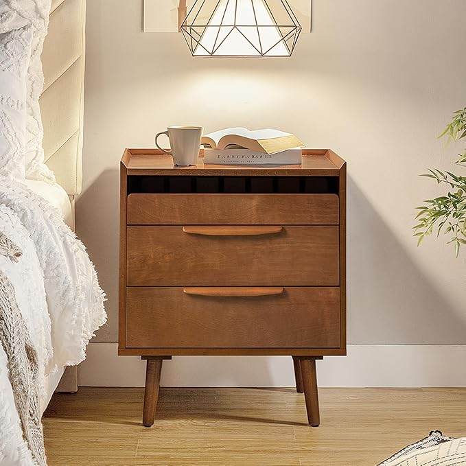 Nightstand with Charging Station, Mid-Century Modern 2 Drawer and Open Shelf Bedside