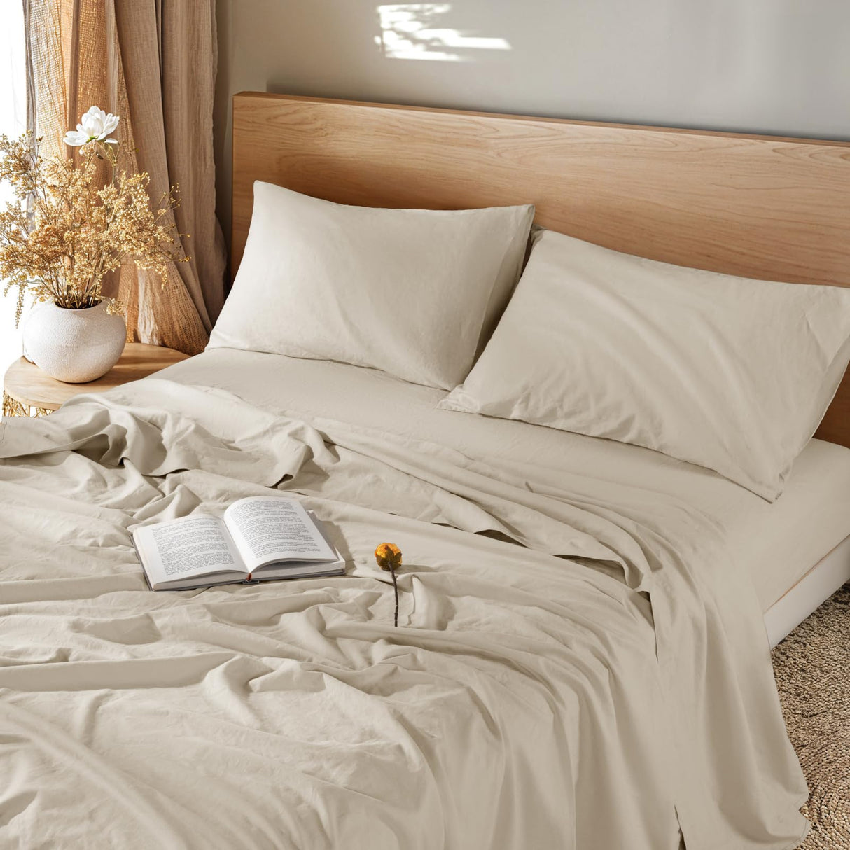 Linen Sheet French Flax Sheet Cotton Linen Blend Sheets Deep Pocket 16 Inch, 4 Pcs Bedding Sheet King Sheet Set,