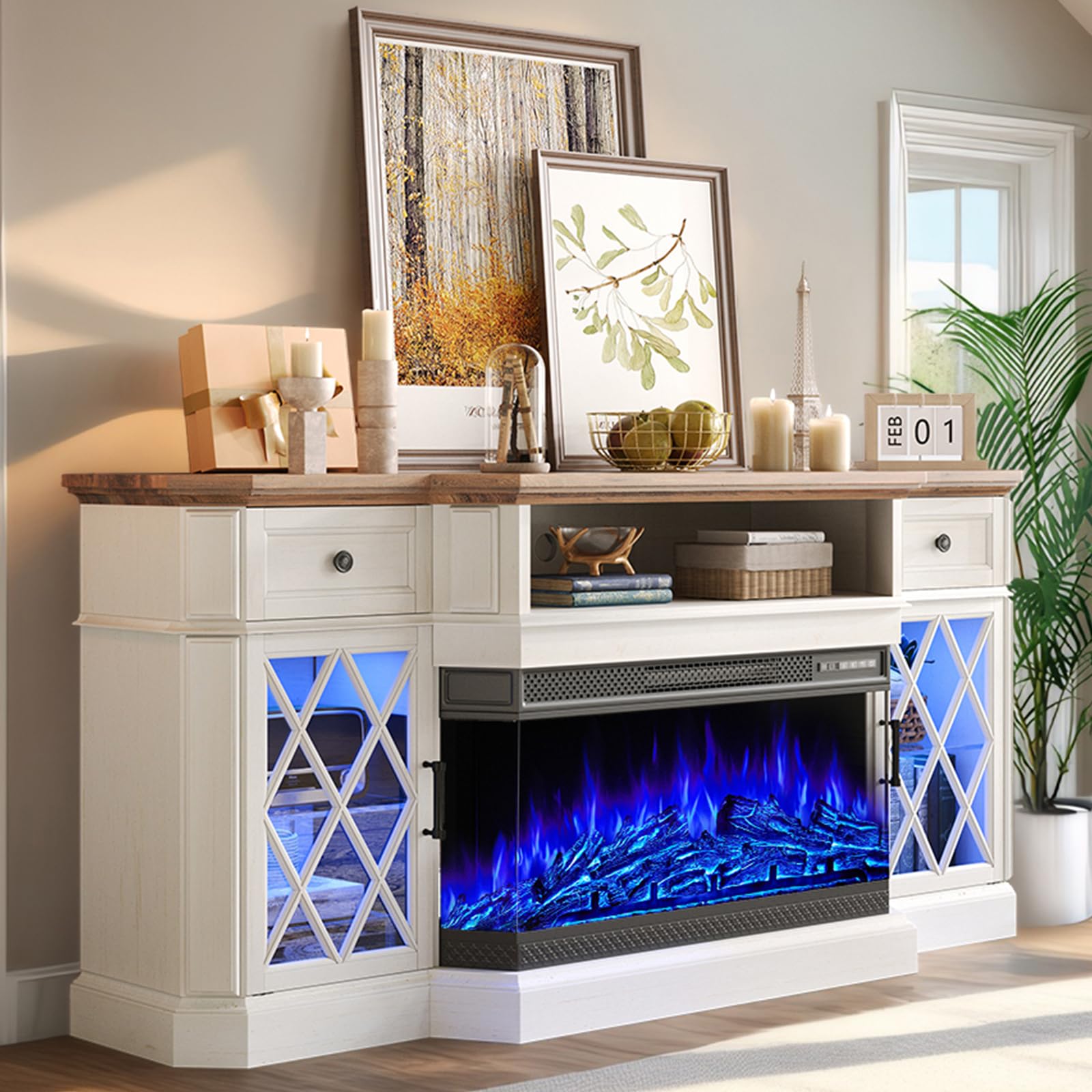 70" Farmhouse Fireplace TV Stand with LED Lights