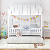 Twin House Bed with Trundle, Kids Bed Frame with 82" Tall Roof, Windows and Guardrail