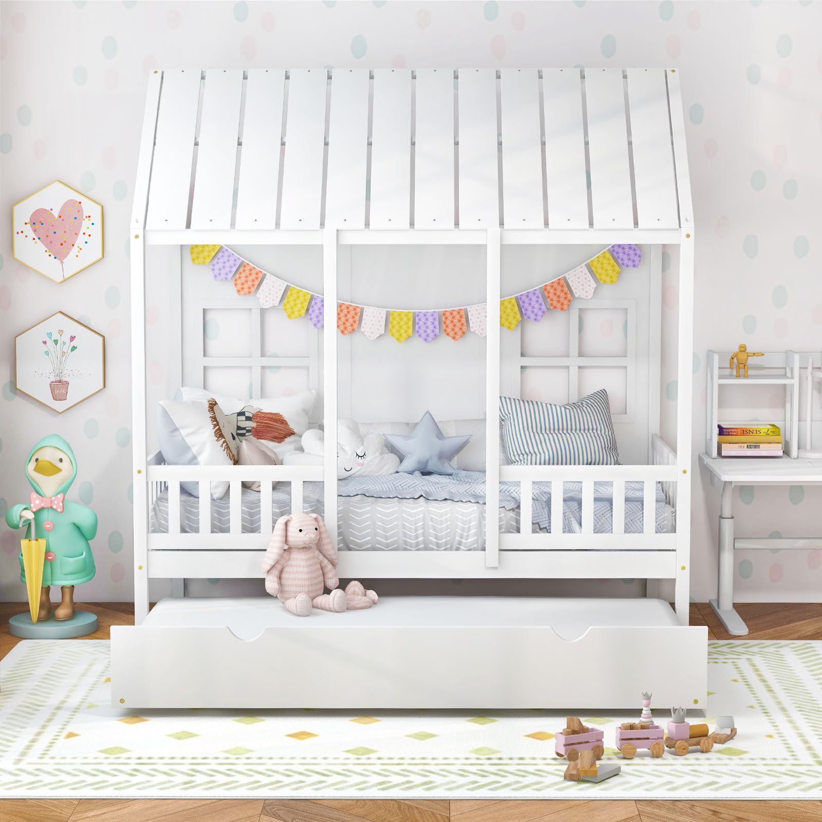 Twin House Bed with Trundle, Kids Bed Frame with 82" Tall Roof, Windows and Guardrail