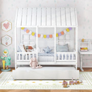 Twin House Bed with Trundle, Kids Bed Frame with 82" Tall Roof, Windows and Guardrail