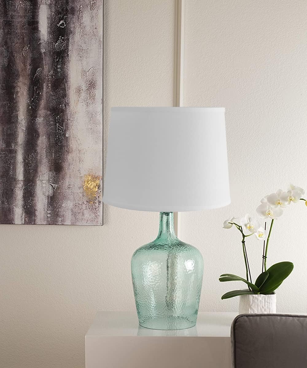 19" h Artisanal Hand-Blown Aqua Green Sea Glass Coastal Style Table Lamp, White Linen