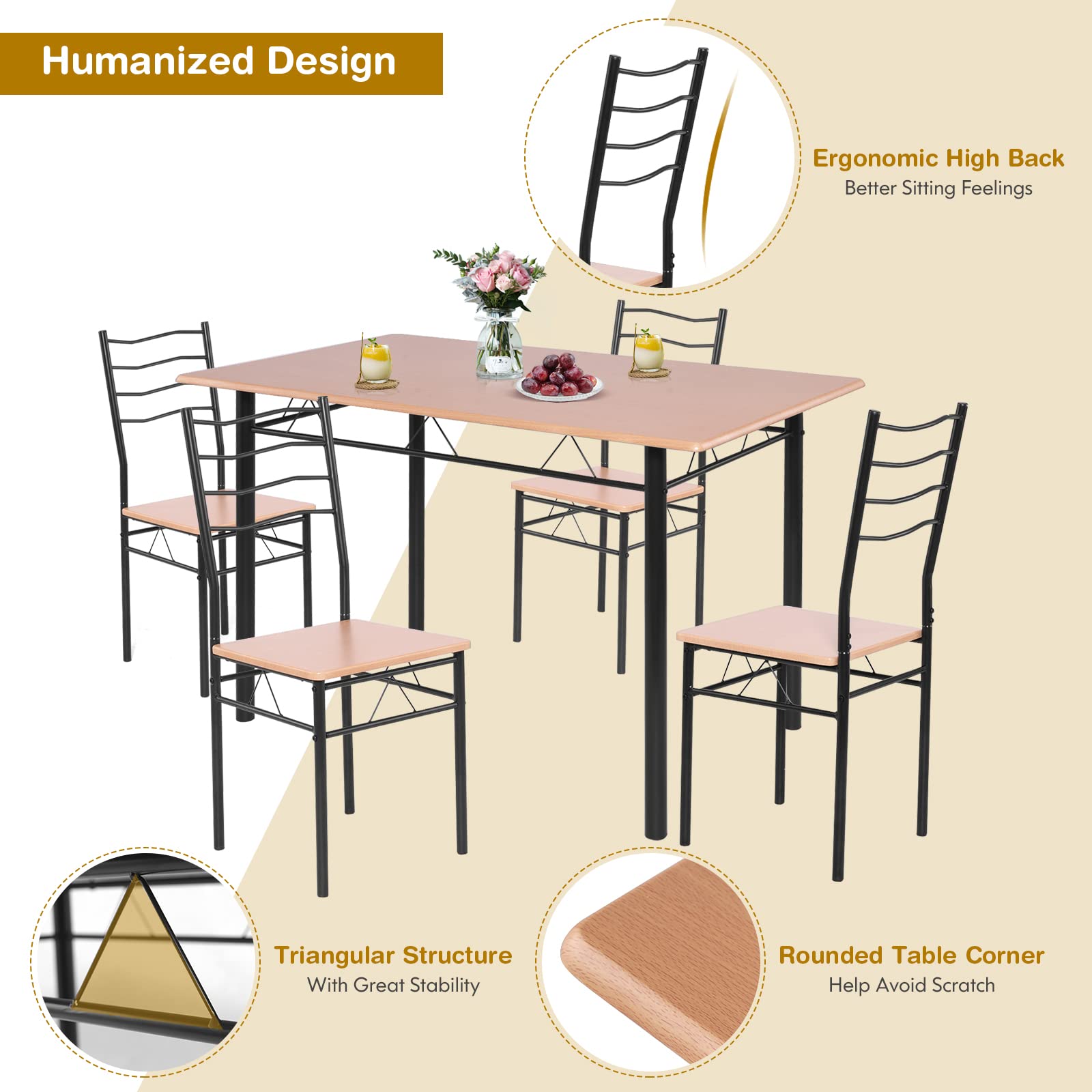 COSTWAY 5 Pieces Dining Room Table Set, Modern Kitchen Table Set with Metal Framework & Anti-slip Pads, Dining Furniture Set with 4 High Back Chairs for Dining room, Restaurant and Cafe (Walnut)