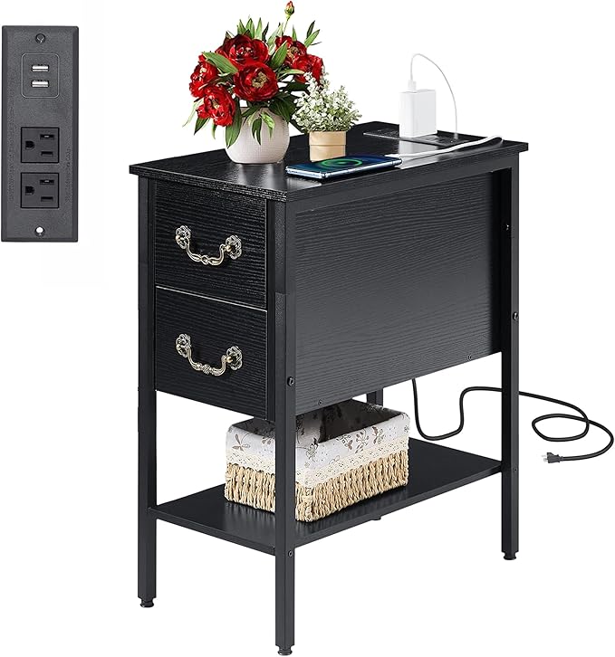 End Tables,Narrow Nightstands with Charging Station & USB Ports &Drawers