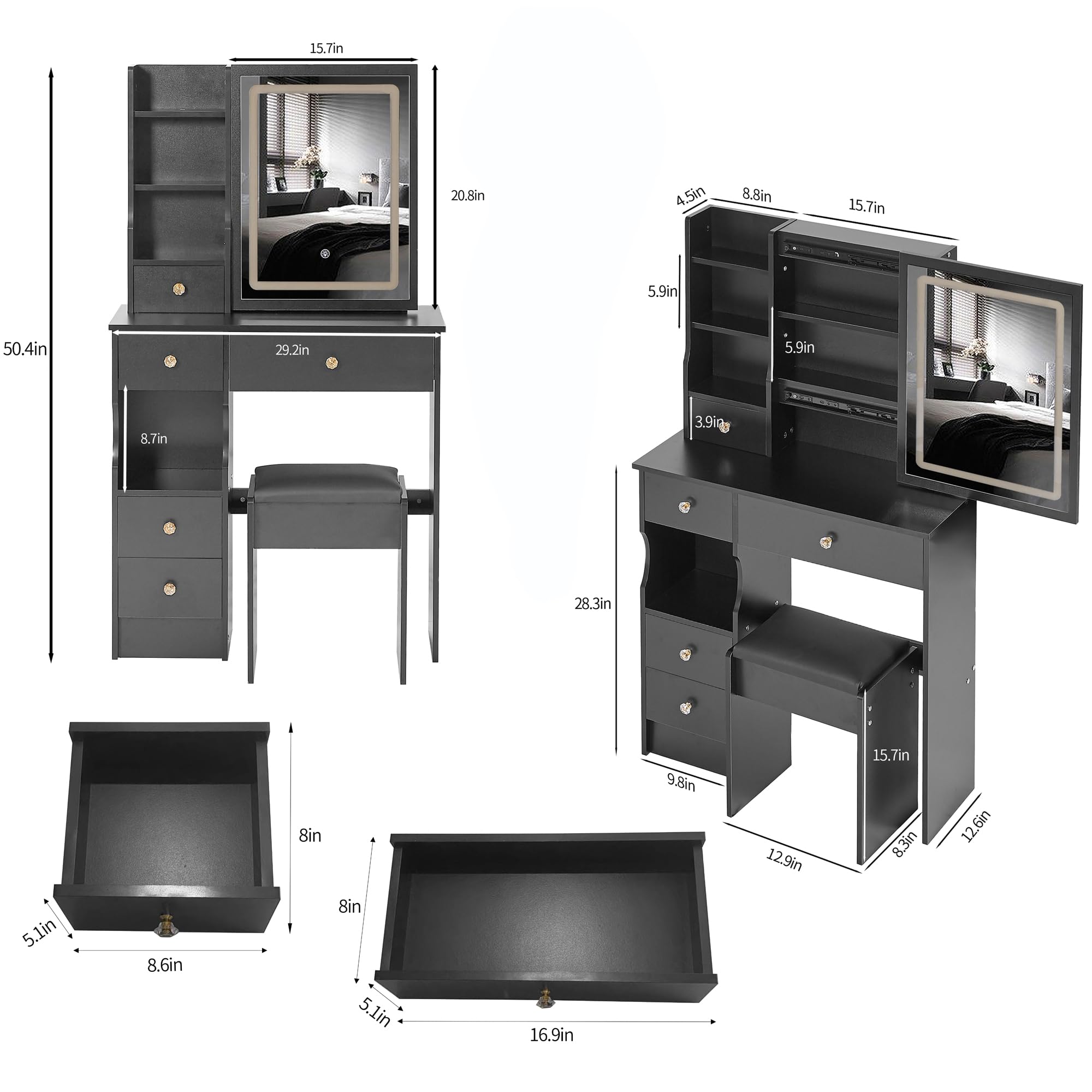 Desk with Sliding Mirror and Lights, Small Vanity Table with 5 Drawers & Cushioned Stool,