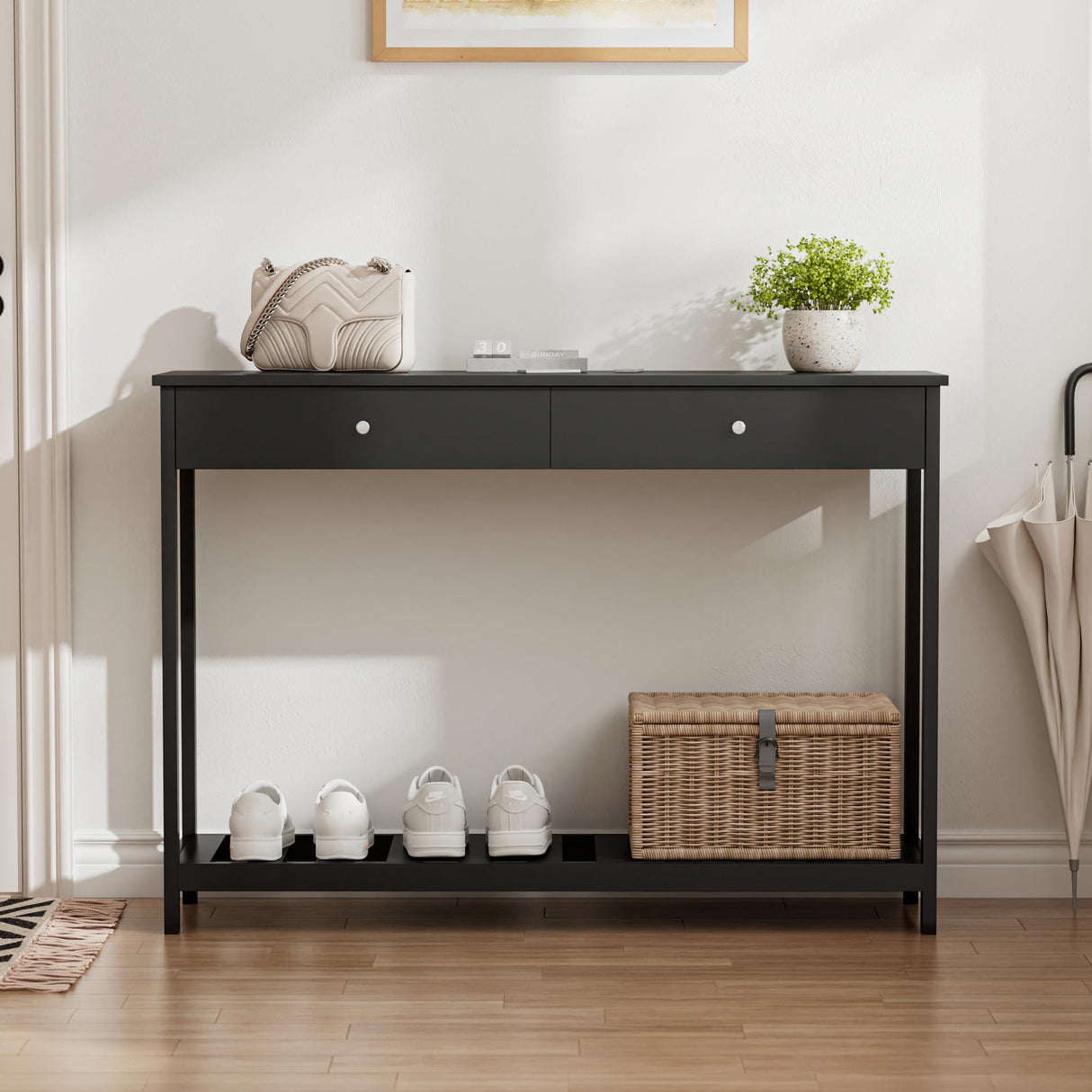 Console Table with Drawers & Storage Shelves Narrow Sofa Table for Entryway
