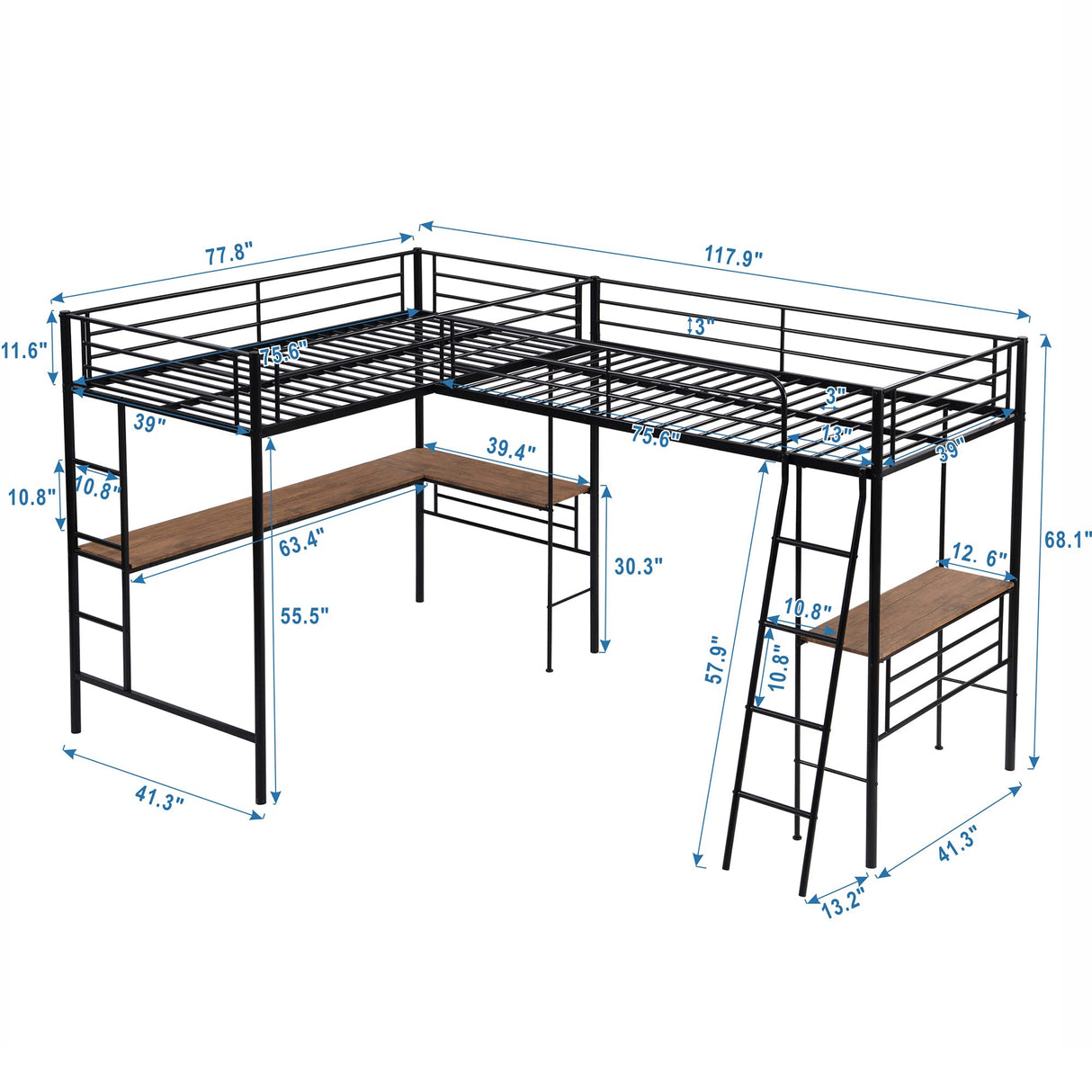 L-Shape Loft Beds with Two Desk Metal Double Twin Loft Beds Frame Heavy