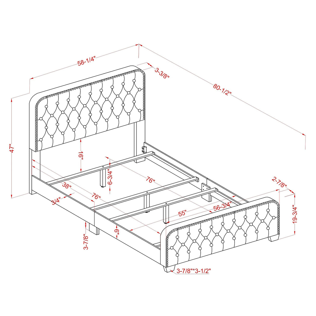 Keanu Transitional Button Tufted Fabric Upholstered Bed with Nailhead Trim