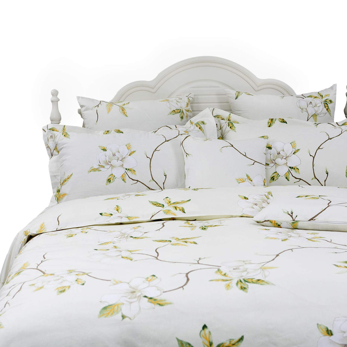 White Floral Duvet Cover Set 100% Cotton Farmhouse Bedding with Hidden Zipper Closure 3 Pieces,