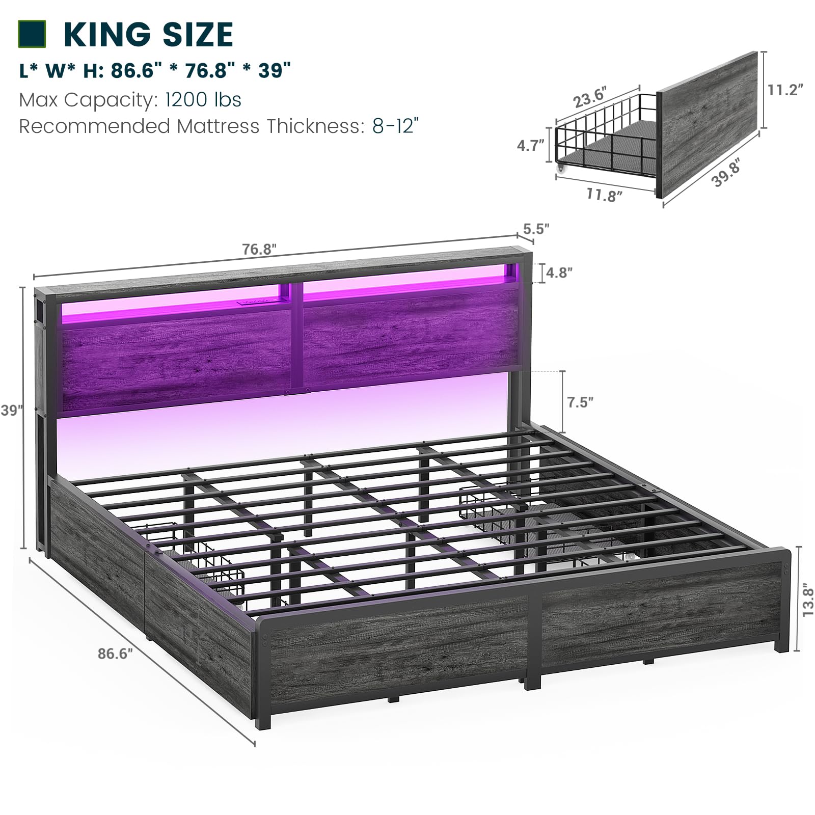 King Size Bed Frame with Storage Drawers and Charging Station