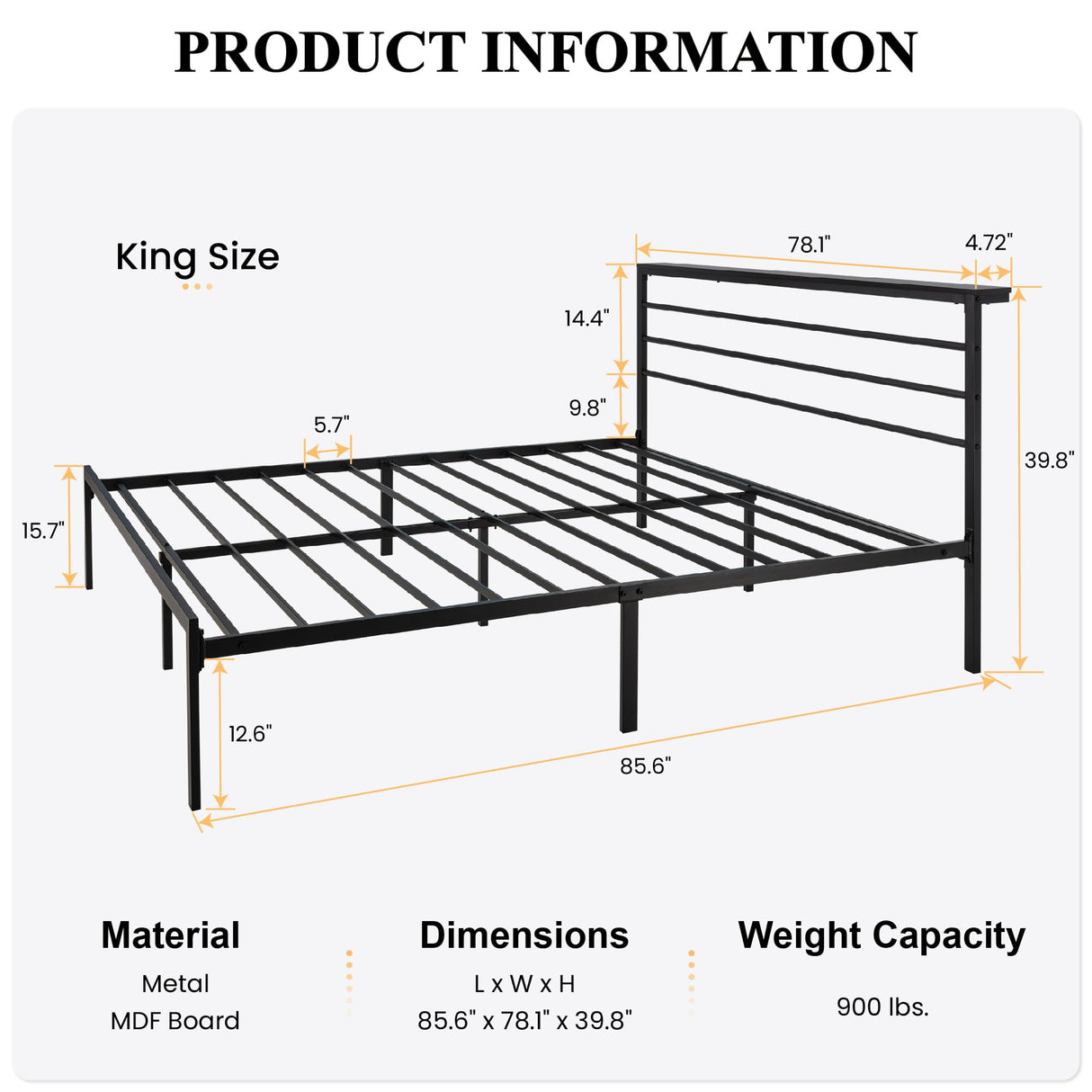 King Size Bed Frame with Headboard Shelf, Heavy Duty Platform Bed Frame with Strong