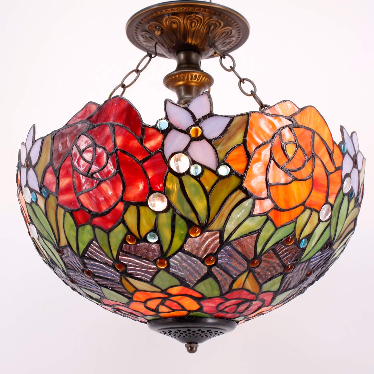 Tiffany Stained Glass Ceiling Light - Red Yellow Rose Semi Flush Mount