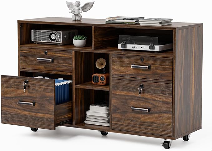 Wood Mobile File Cabinet with 4 Drawers and Shelves, Printer Stand
