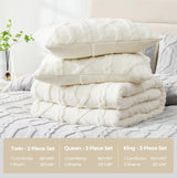 Fluffy Queen Size Comforter Set Cream, Jacquard Boho Texture Sherpa Bed Set