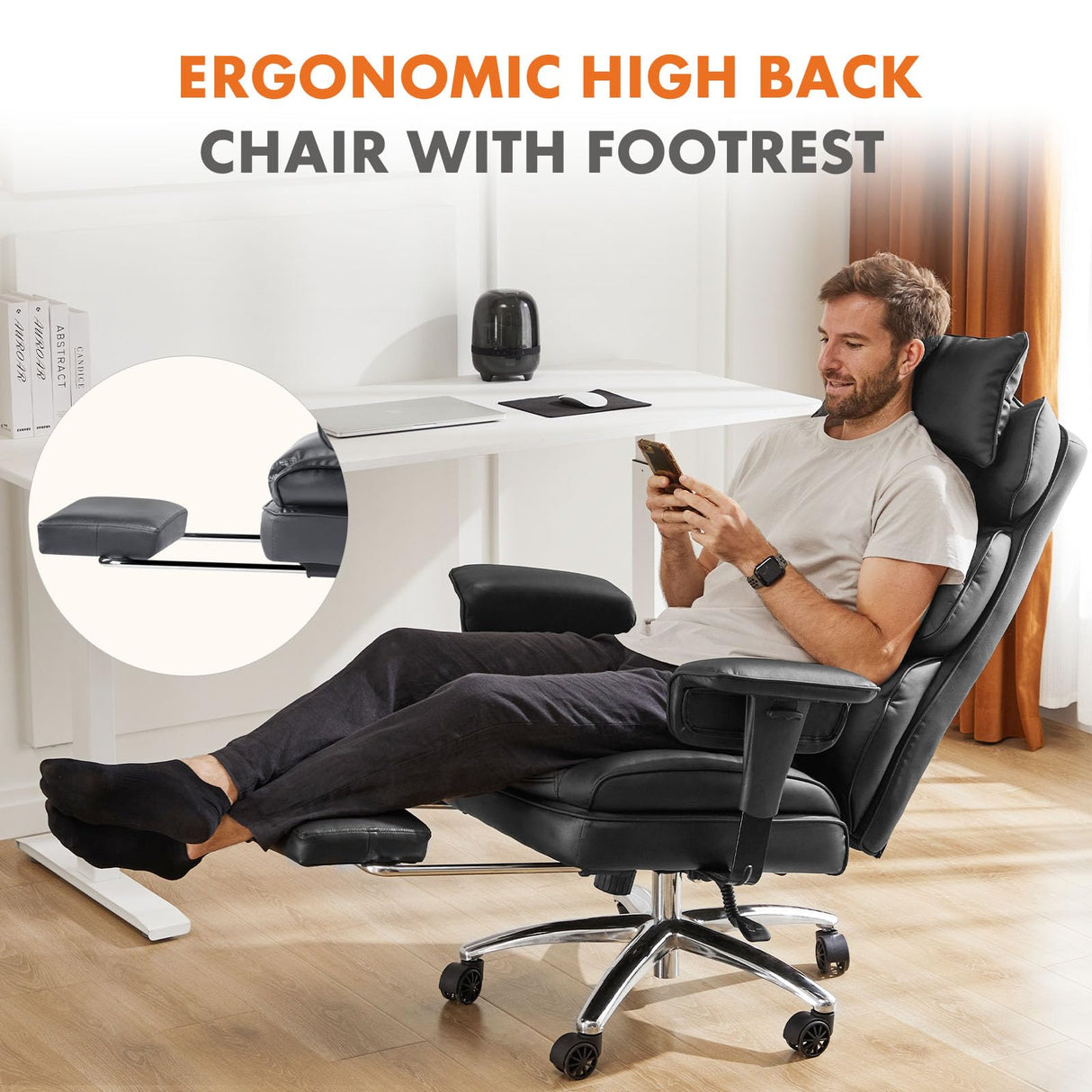 Home Office High Back Reclining Desk Chair with Footrest, Big and Tall Adjustable Height