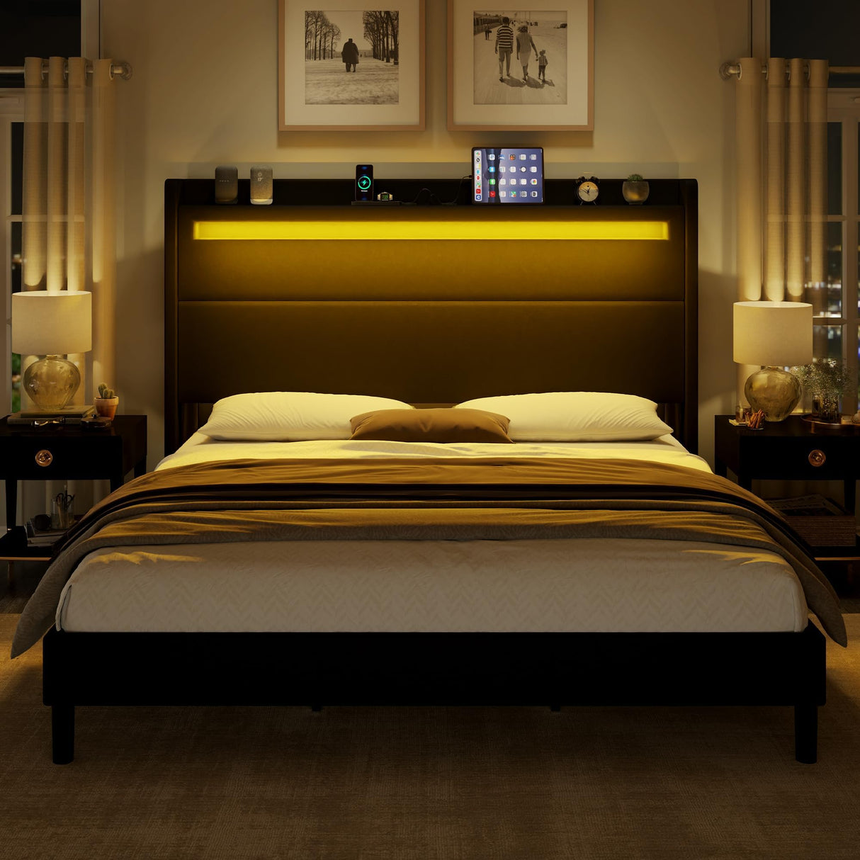 Queen Bed Frame with LED Lights and Wingback Headboard,