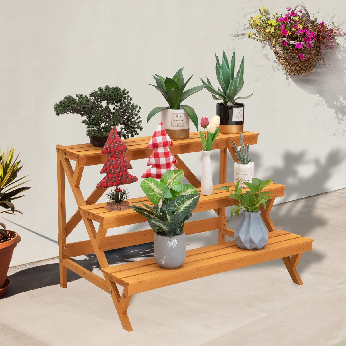 3 Tier Wood Plant Stand Indoor Outdoor, Ladder Large Multi Tiered Plant Holder