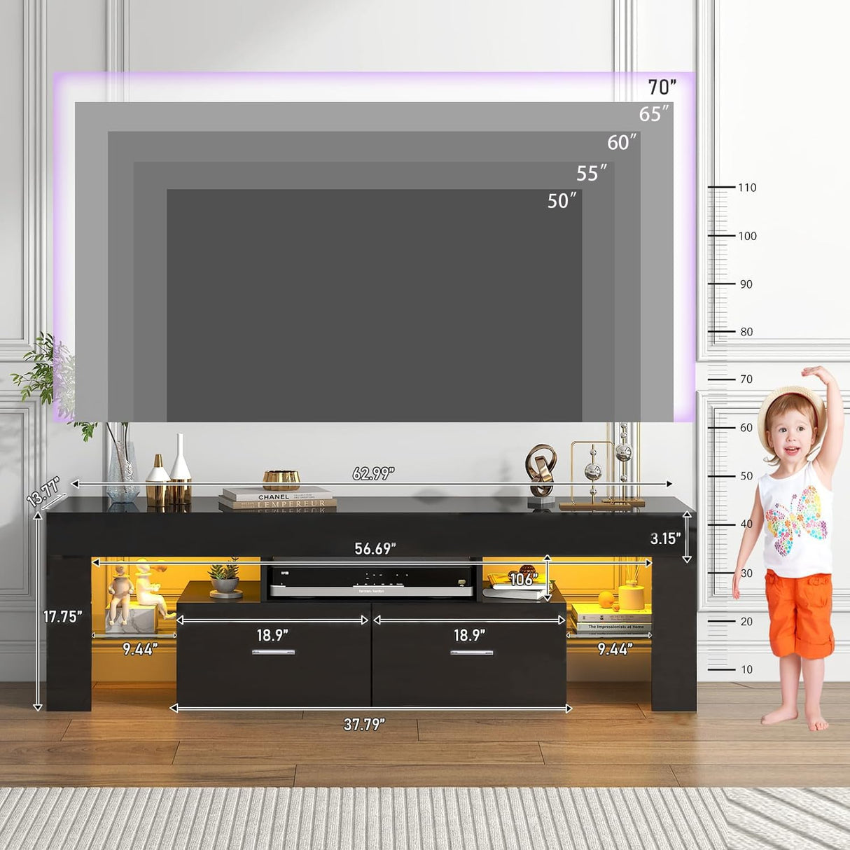 Up to 70-inch TV, Modern TV Console Table with Entertainment Center for Bedroom, Living Room(Black, 63 inch)